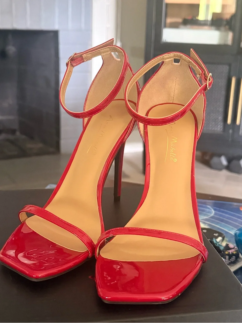 Anne Michelle Red Patent Ankle-Strap Stiletto Heel